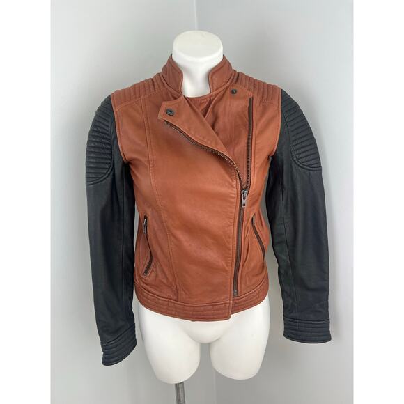 Madewell Colorblock Quilted Backroad Moto Leather Jacket Black Burnt Orange XS - Picture 4 of 9